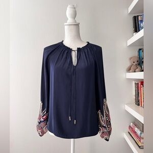 Ramy Brook Blouse Shanese Embroidered Puff Sleeve Top Boho Tie Navy Blue Pink XS